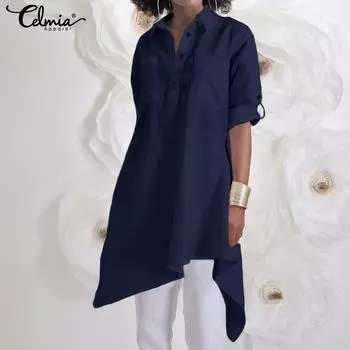 Celmia, летние тонкие женские модные праздничные длинные рубашки с нерегулярным подолом и карманами, повседневная однотонная свободная блузка макси с длинным рукавом, топы больших размеров
