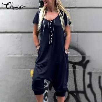 Celmia, летние женские модные комбинезоны, шаровары, пуговицы, с коротким рукавом, круглый воротник, однотонный, повседневный, свободный, миди, боди, комбинезон больших размеров