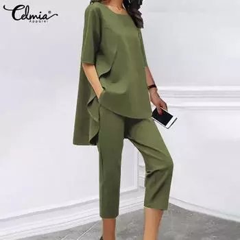 Celmia Лето Весна Костюм Из Двух Частей Женщин Асимметричный Топы С Половиной Рукава И Длинные Брюки Повседневная Свободная Одежда Плюс Размер Наборы