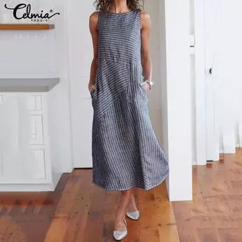 Celmia модное женское летнее платье без рукавов с круглым вырезом в полоску и карманами, праздничное повседневное тонкое платье размера плюс