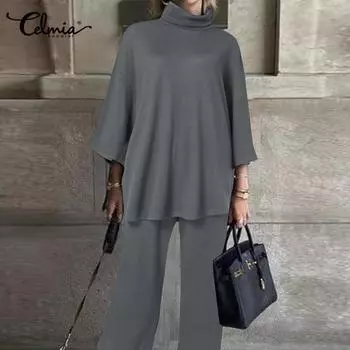 Celmia Модный осенний комплект из двух предметов с высоким воротником и рукавами 3/4 и широкими штанинами для женщин S чёрный