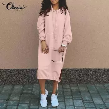 Celmia осенние тонкие женские длинные платья на шнурке с капюшоном и карманами с длинными рукавами повседневные свободные большие размеры