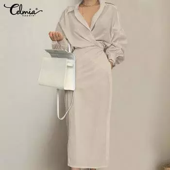 Celmia плюс размер женское платье модная рубашка с длинным рукавом с лацканами платья макси повседневные свободные однотонные рабочие длинные халаты с поясом Vestidos плюс размер XL зелёный