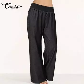 Celmia Весенние женские хлопковые широкие длинные брюки с эластичной резинкой и высокой талией
