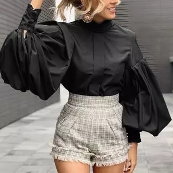 Celmia Весенние женские модные офисные топы 2022, большие рукава-фонарики, элегантный воротник-стойка на пуговицах, однотонная повседневная тонкая блузка в стиле ретро, большие размеры 4XL чёрный