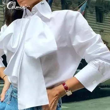 Celmia Весенние женские свободные блузки со шнуровкой и лацканами на пуговицах и длинными рукавами 3XL чёрный