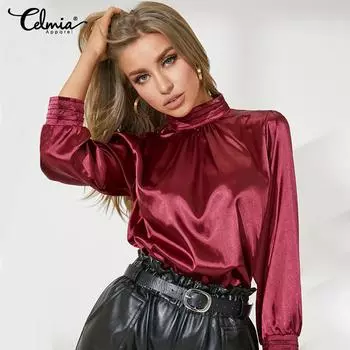 Celmia Весенняя женская мода из шелкового атласа в деловом стиле OL блузка с длинными рукавами и круглым вырезом однотонная плиссированная стойка с воротником-стойкой Элегантные повседневные свободные рубашки топы больших размеров M хаки