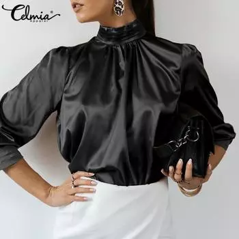 Celmia Весенняя женская модная шелковая атласная офисная блузка с длинными рукавами и круглым вырезом, однотонные плиссированные воротник-стойки, элегантные повседневные свободные рубашки, топы больших размеров