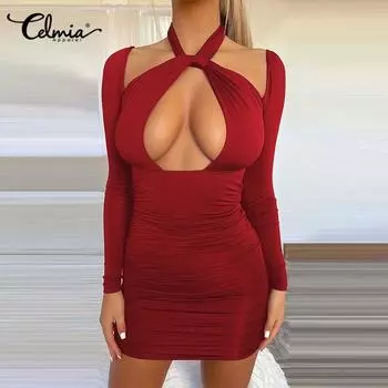 Celmia весеннее женское модное вечернее мини-платье-карандаш с длинными рукавами Badycon Solid Sxey короткое платье с вырезами Vestidos размера плюс S чёрный