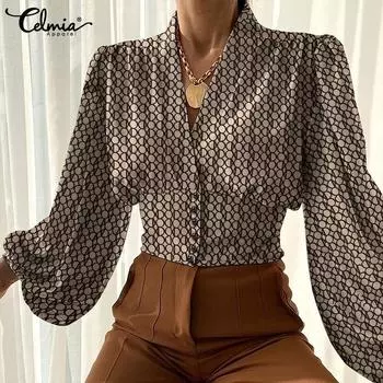 Celmia весенние женские модные элегантные пышные рубашки с длинным рукавом OL рубашки с v-образным вырезом повседневные модные топы с баской с принтом плюс размеры блузки
