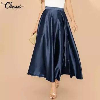 Celmia, весенняя женская модная шелковая праздничная длинная юбка с зонтиком, вечерние повседневные свободные юбки с высокой талией, большие размеры M розовый