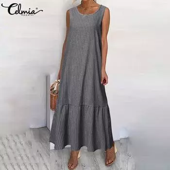 Celmia весна-лето женская мода полосатый хлопок майка платье макси трапециевидной формы без рукавов с круглым вырезом плиссированные повседневные свободные длинные платья плюс размер Kleid 4XL