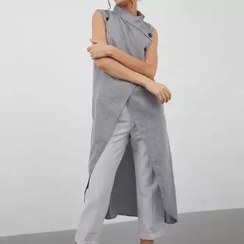 Celmia Женская блузка Асимметричный топ Летняя свободная рубашка без рукавов на пуговицах с разрезом