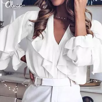 Celmia женская милая блузка с рюшами и v-образным вырезом с длинными рукавами, милая женская рубашка, стильные топы M чёрный
