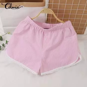 Celmia Женские повседневные эластичные пуговицы на талии в полоску, однотонные свободные кружевные шорты для домашней одежды