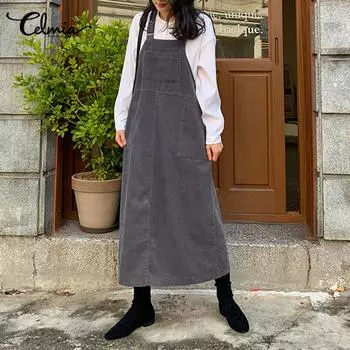 Celmia Женское длинное платье с вельветовым ремнем, весеннее однотонное повседневное свободное платье больших размеров