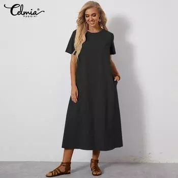 Celmia женское винтажное льняное летнее платье-рубашка макси с коротким рукавом, однотонное, повседневное, свободное, размера плюс