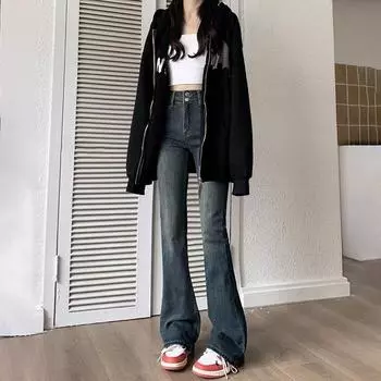 Cement Grey High Waist Slightly Flared Jeans for Women s Spring New Double Button Design Stretch Slim and Versatile Flared Pants XS