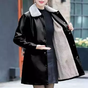 Цена Зимняя куртка средней и длинной длины с флисом и утолщенным мехом, встроенными лацканами, свободная, из искусственной кожи, женская, повседневная XL (within 55kg)