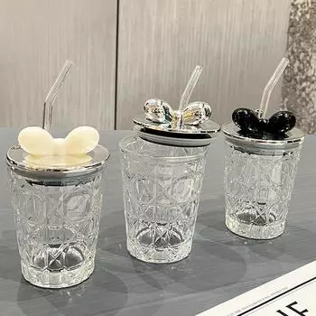 Ценная стеклянная кружка с соломкой, креативный бант, кружка для воды, бытовая кружка для воды с крышкой, бытовая питьевая утварь, изысканный подарок 300ML
