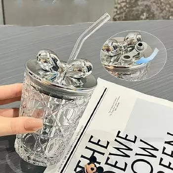 Ценная стеклянная кружка с соломкой, креативный бант, кружка для воды, бытовая кружка для воды с крышкой, бытовая питьевая утварь, изысканный подарок 300ML
