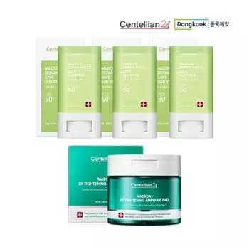 [Центеллиан 24] (Dongkook Фармасьютикал) Солнцезащитный крем Madeca Derma Shield Safe Sun Stick 20 г, 3 упаковки + ампулы Double Tightening Ampoule Pads, 60 листов