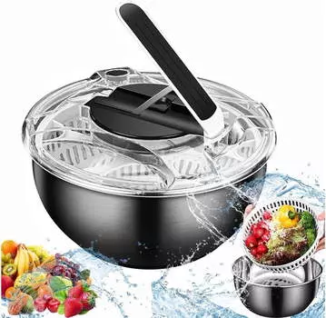 Центрифуга для салата из нержавеющей стали объемом 3,5 л с кнопкой безопасной крышки - многофункциональная центрифуга для салата для дома и кухни с кнопкой остановки серебряный