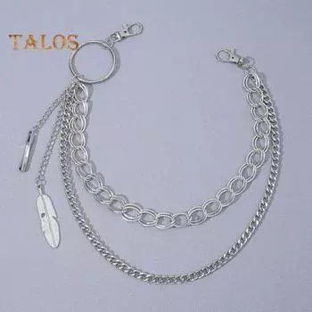 Цепочка для брюк для мужчин и женщин, металлическая панк-рок, двухслойная цепочка для брюк с перьями, цепочка на пояс в стиле хип-хоп, джинсовый кошелек, брелок для ключей, ювелирные аксессуары серебряный