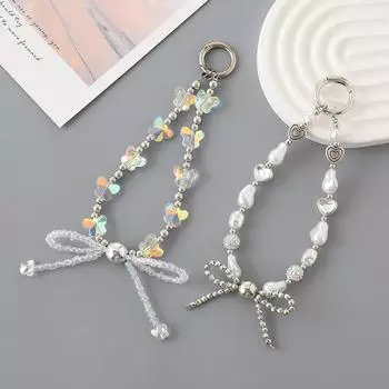 Цепочка для мобильного телефона с бабочкой и жемчугом, бантом, бисером, шнурок для телефона с защитой от потери, браслет-брелок с бабочкой и узлом на запястье