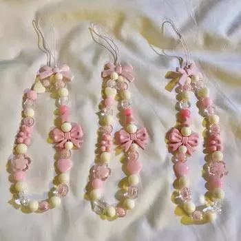 Цепочка для мобильного телефона с бантом из бисера, подвеска в виде акрилового сердца с бисером, подвесной ремешок для телефона для женщин и девочек, милые аксессуары розовый