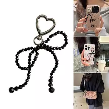Цепочка для мобильного телефона с хрустальными бусинами, ручная работа, брелок с подвеской в виде банта, разноцветная бабочка, украшение для школьного ранца чёрный