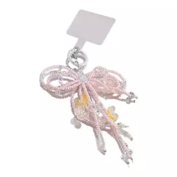 Цепочка для мобильного телефона с клипсой, ручной работы, с бисерным бантиком-подвеской, брелок, разноцветный, в форме бабочки и банта, украшение для школьной сумки розовый