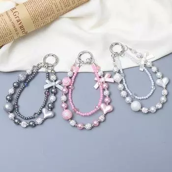 Цепочка для мобильного телефона с жемчужинами в виде сердца, защита от потери телефона, брелок для ключей, браслет Y2K, эстетичный брелок с бусинами, телефонный шарм розовый