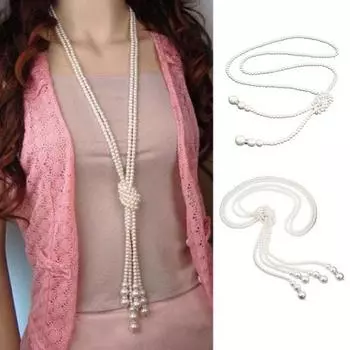 Цепочка для свитера из искусственного жемчуга, однослойная/двухслойная, из сплава, с узлом, регулируемая, для одежды, ювелирных изделий, знакомств 2