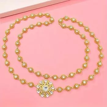 Цепочка для тела из сплава с гравировкой и инкрустацией блестящими белыми стразами, элегантная длинная цепочка для тела, ювелирный аксессуар, 1 шт.