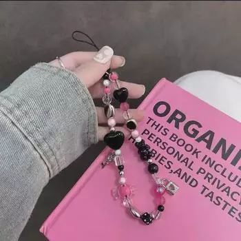 Цепочка для телефона в стиле Y2K с бусинами из красной розы, подвеской в виде медведя и ключом в виде сердца Black Bear Mobile Phone Lanyard розы красного