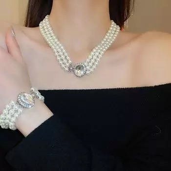 Цепочка из трех слоев жемчужного ожерелья, кольцо на руку, цветочный браслет, милая хрустальная ключичная цепочка, свадебное украшение Bracelet(B)