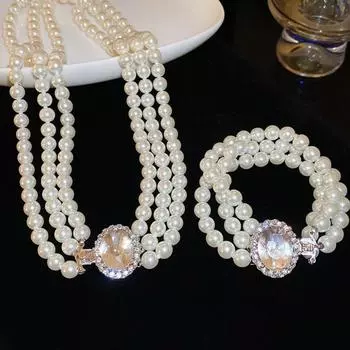 Цепочка Кристалл Ключица Цепочка Кольцо Цветок Браслет Милое Трехслойное Жемчужное Ожерелье Свадьба Bracelet(B)