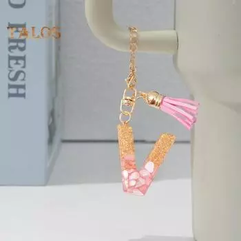 Цепочка на чашку с блестящими блестками первоначальной формы, кулон, стакан, подвеска, брелок с инициалами из смолы с кисточкой, декор, аксессуары для сумки A