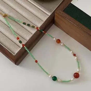 Цепочка на ключицу из дофамина, цветной натуральный камень, бисер, красный агат, жемчуг, летнее пресноводное высококачественное ожерелье для свитера для женщин