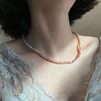 Цепочка на ключицу из натурального пресноводного жемчуга розового и фиолетового цвета в стиле барокко 3-4 мм с серебряной пряжкой 925 пробы без сердечника 40cm