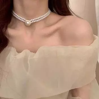 Цепочка на ключицу, жемчужная цепочка, колье, французская цепочка с бусинами в стиле Хепберн, жемчужная цепочка, женская белый