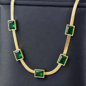 Цепочка-ошейник из титана и титановой стали, квадратный зеленый вермикулит