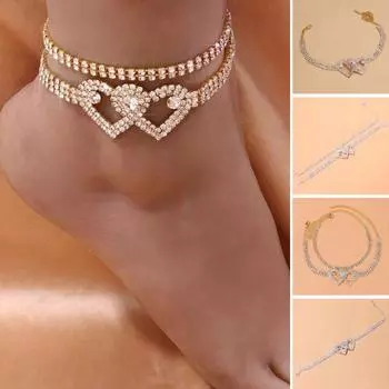 Цепочка с геометрическим рисунком Регулируемая удлиненная цепочка Сверкающее антикоррозийное украшение Гипоаллергенный горный хрусталь Двойное сердце на щиколотке Dual Layer золотистый