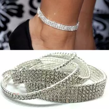 Цепочка со стразами 2, 3, 4, 5 рядов, сверкающие бриллианты, эластичный кристалл, многослойный, опционально, модный серебряный браслет, ножной браслет, украшение для ног со стразами
