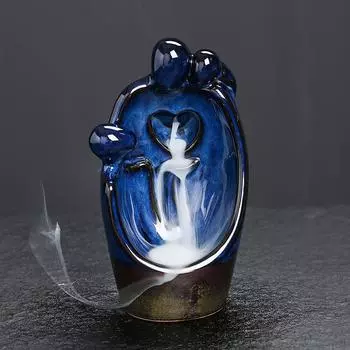 Ceramic Backflow Incense Burner Blue Kiln Variation Aromatherapy Furnace with Abstract Couple Design Perfect Valentine s Gift