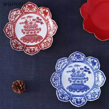 Ceramic Blue and White Eight Auspicious Offering Buddha Fruit Plate Eight Treasures Lotus Plate Buddhist utensils and supplies