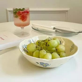 Ceramic Bowl Cream Yellow Handle By Irregularity Dinner Set Plates and Dishes Hand-painted Flowers Salad Yoghurt Breakfast Bowls