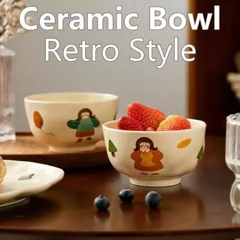Ceramic Bowl Retro Girl with Flower Design, Home Use, Large Noodle Bowl, INS Style Dishware, Large Bowl for Noodles and Salad 4.5inch