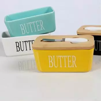 Ceramic Butter Boxes Dishes Cans Cheese Trays Vertical Containers Kitchen Food Storage Containers with Round Wooden Covers Boxes белый